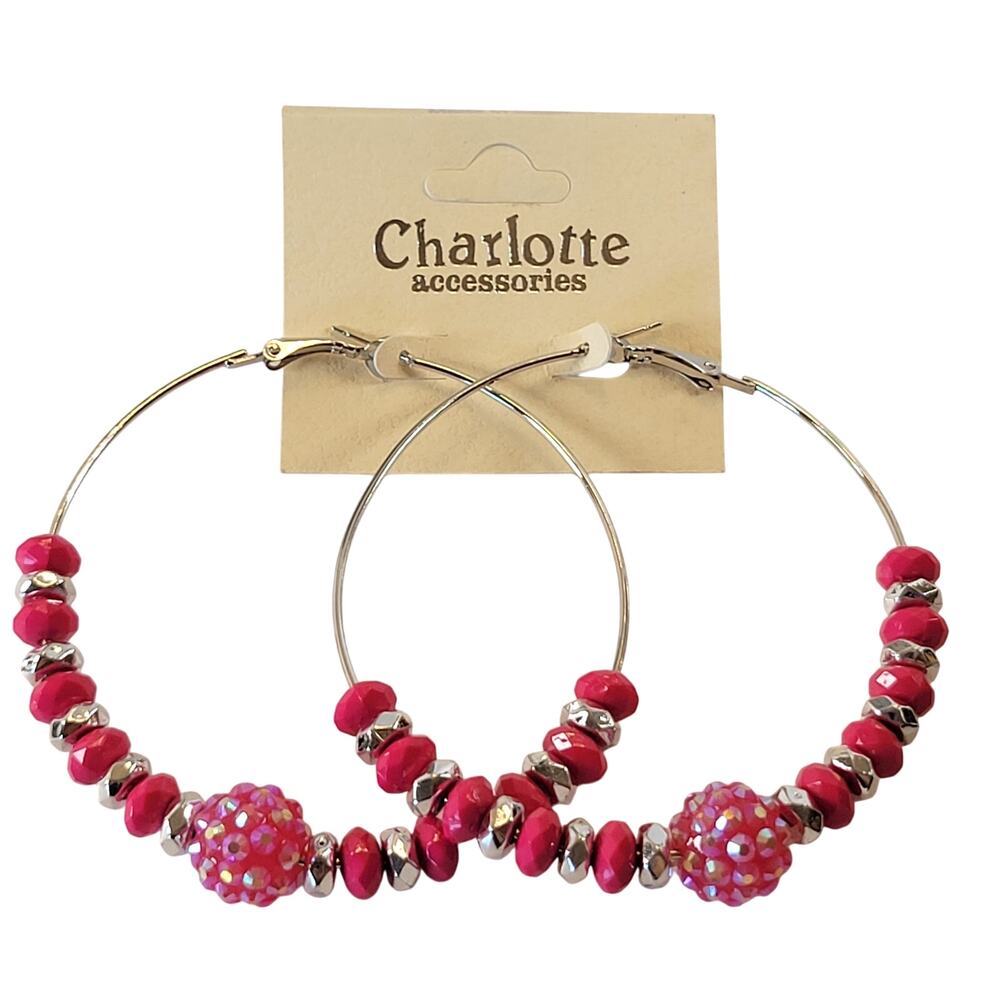 Large Pink Beaded Hoop Earrings 3" Silver Tone Rhinestone Accent Pierced Trendy